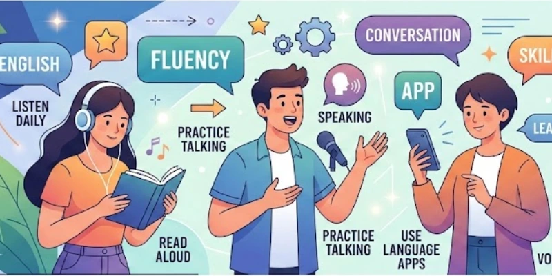 What daily habits help improve spoken English fluency?